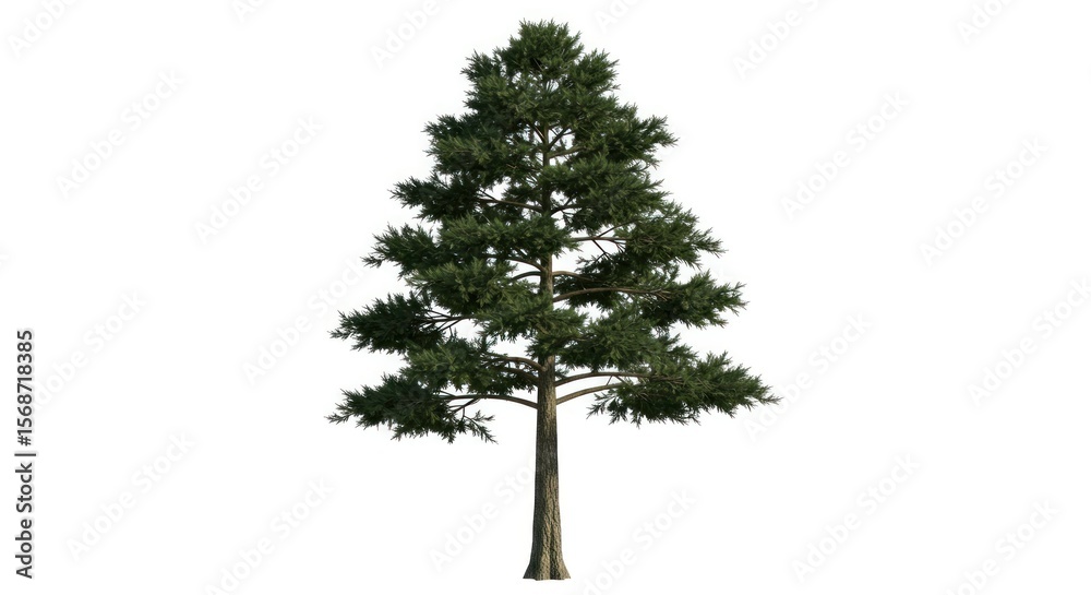Fototapeta premium Isolated evergreen conifer tree against white background. Full, healthy, and tall. Dark green foliage. Straight trunk