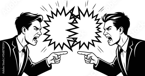 Business conflict illustration of two men arguing and pointing fingers in a heated discussion scene