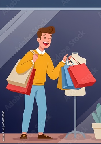 A man excitedly holds up his shopping bags in front of a store window with a mannequin.