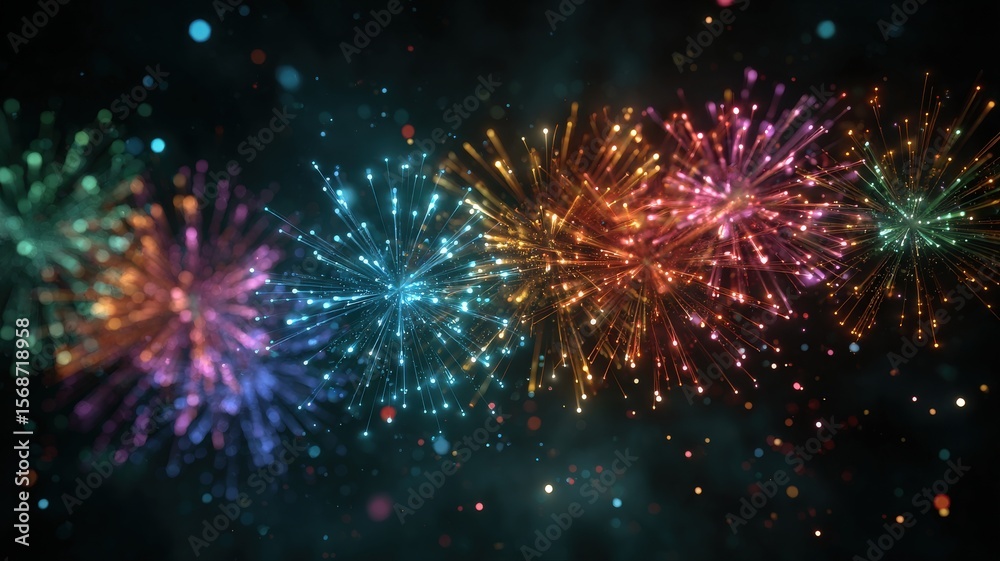 Fototapeta premium energetic loop of grand fireworks finale, rainbow-colored bursts in clean dark space, sparkling particles, festive abstract motion