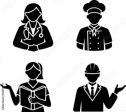Professions career occupations doctor chef teacher engineer vector illustration job roles and responsibilities