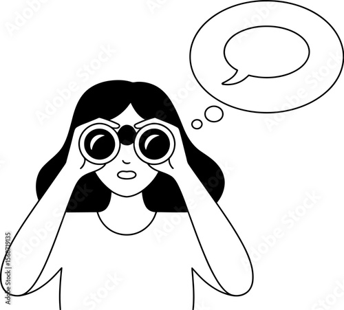 Woman looking through binoculars vector illustration search concept exploration and discovery vision 100