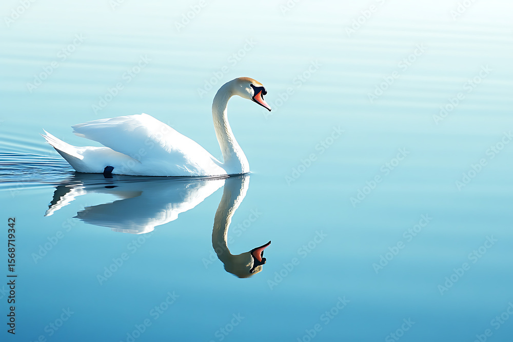 Fototapeta premium A graceful swan gliding across a serene lake with its reflection perfectly mirrored in the still water
