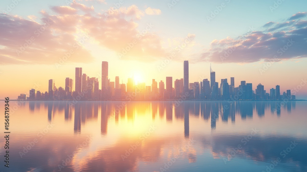 Fototapeta premium Sunrise Cityscape Reflection, urban skyline, tranquil scene, calm water, photorealistic, digital rendering, possible use for stock photography