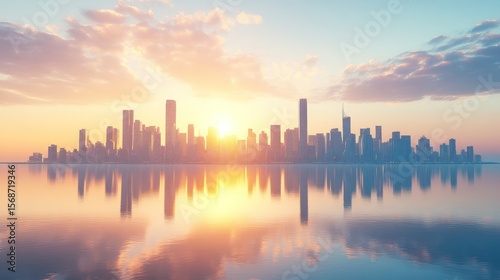 Sunrise Cityscape Reflection, urban skyline, tranquil scene, calm water, photorealistic, digital rendering, possible use for stock photography