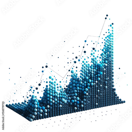 Abstract 3d data visualization with rising trend line made of blue spheres