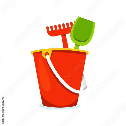 Beach Bucket Essentials: Red bucket filled with a vibrant green shovel and a playful red rake, ready for seaside fun and sandcastle adventures.