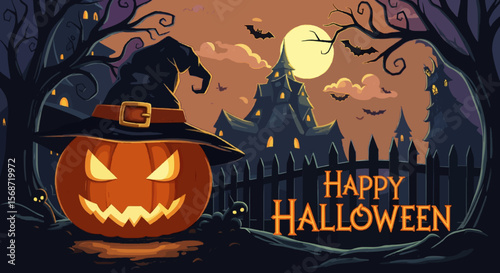 A jack-o'-lantern with a witch's hat sits before a spooky Halloween castle under a full moon.