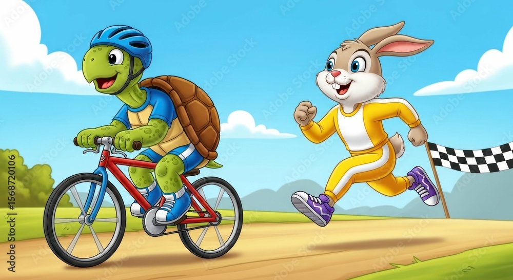 Obraz premium Cartoon tortoise on bike races cartoon hare running to finish line