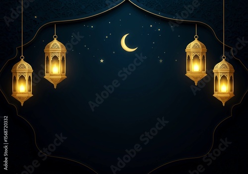 Islamic background with glowing lanterns, crescent moon, and stars on a dark blue night sky. Perfect for Ramadan, Eid, or festive religious themes