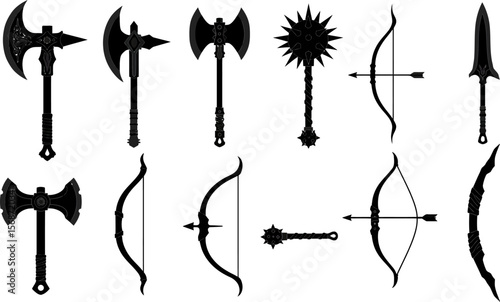 Medieval weapons vector set axes bows maces and spear for fantasy game design and historical illustration
