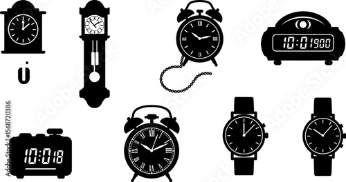 Clock types vector set: wall clock, alarm clock, grandfather clock, digital clock, wrist watch