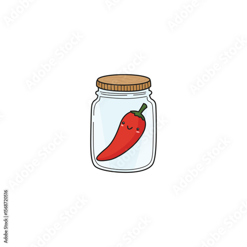 An icon of a cute cartoon red chili pepper with a smiling face, sealed inside a clear glass jar with a brown lid.