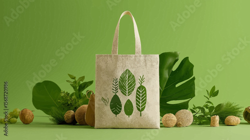 Eco-friendly tote bag design featuring leaves, ideal for sustainable shopping and environmental branding with a minimalist aesthetic.
