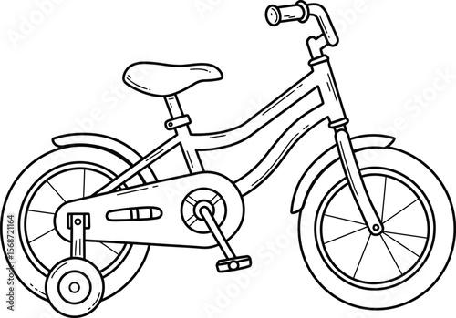 Coloring page of a kids bicycle with training wheels for children learning to ride their first bike