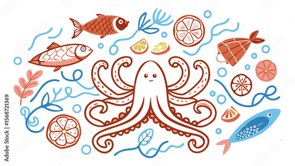 Fototapeta premium Colourful Hand-Drawn Mediterranean Seafood Feast Sketch Collage