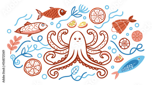 Colourful Hand-Drawn Mediterranean Seafood Feast Sketch Collage