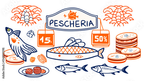 Whimsical Mediterranean Fish Market Doodle Scene