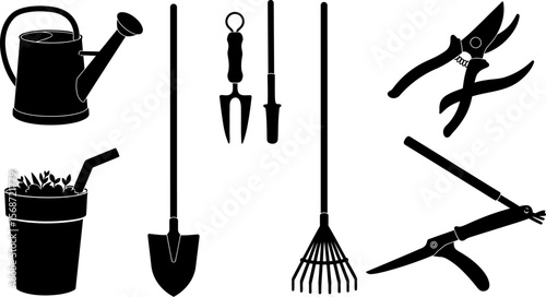 Gardening tools vector set silhouette watering can shovel rake pruners garden tools for horticulture