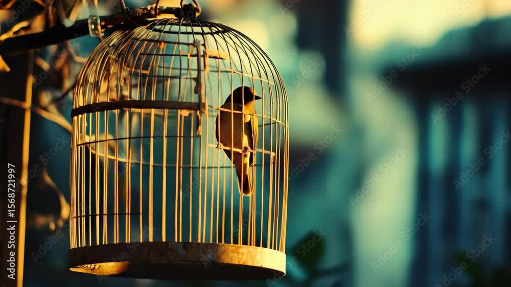 A bird inside of a cage hanging from a tree