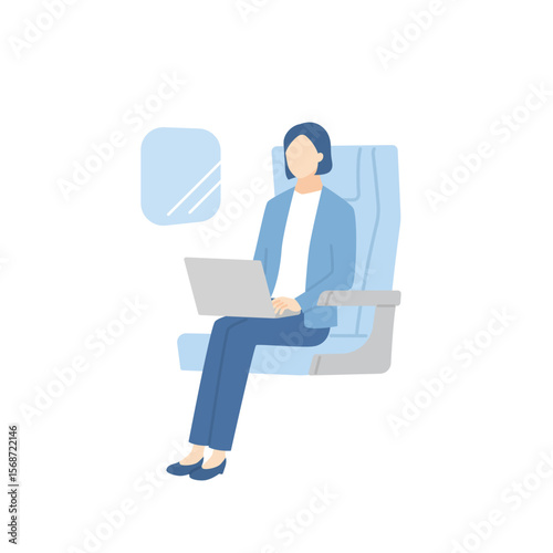 電車や飛行機の座席に座ってノートパソコンを操作しているビジネスパーソン