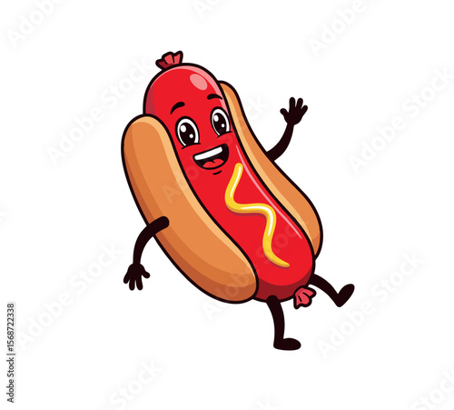 Funny hot dog character with big eyes and mustard swirl, energetic and playful pose, isolated on white background – great for food marketing.