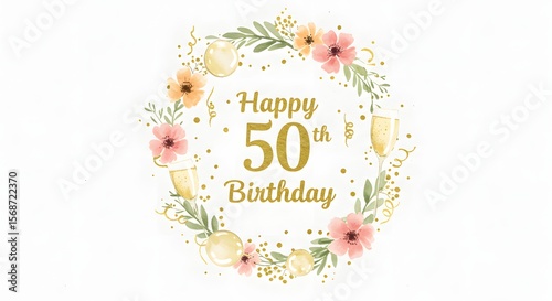 Elegant floral wreath announces a happy fiftieth birthday, beautifully decorated with peach flowers, gold accents, champagne, and festive balloons creating a celebratory design.