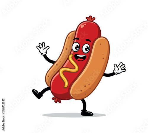 Happy cartoon hot dog character with mustard, smiling and walking with joy on white background – perfect for kids menus and fast food branding.