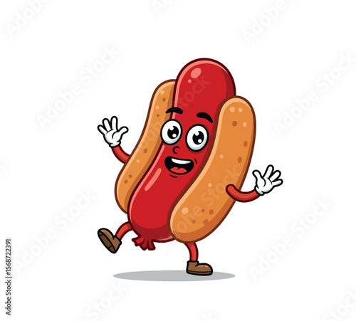 Cute anthropomorphic hot dog mascot illustration, with expressive face and bun arms and legs, ideal for advertising and snack bar promotions.