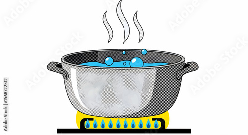 Monochrome Halftone Cartoon Cooking Pot with Boiling Blue Bubbles, Rising Steam, and Teardrop-Shaped Blue Flames