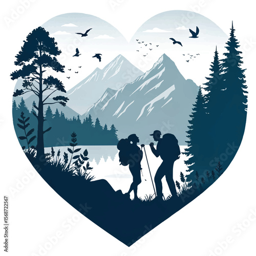 Heart-Shaped Mountain Lake Hike: Couple's Outdoor Adventure Silhouette Vector Art
