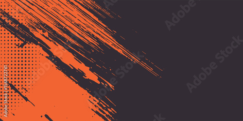 Orange and black grunge urban background with dry rough texture and halftones pattern. Hand drawn punk vector retro banner