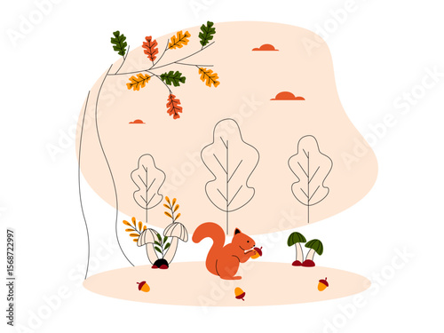 Squirrel looking for food in fall season around its habitat. Fall season illustration. Autumn vector flat illustration.