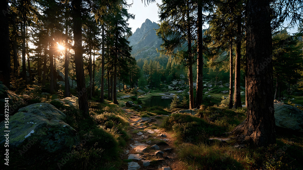 Obraz premium Sunset in a mountain forest path