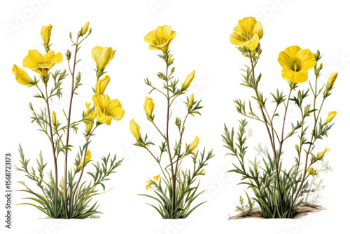  Set of Oenothera lindheimeri Trees - Cluster of Lindheimer’s evening primrose with delicate green foliage on transparent background