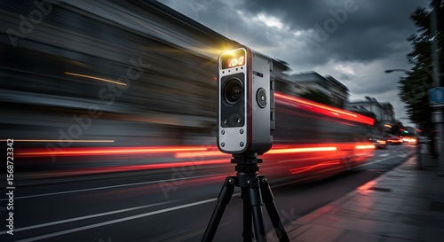 Speed camera on tripod monitors urban traffic, capturing motion blurred lights of vehicles on city streets, highlighting road safety and law enforcement measures.