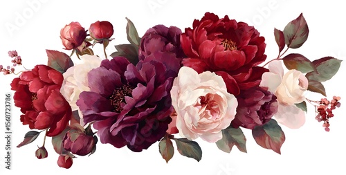 Fototapeta Naklejka Na Ścianę i Meble -  Watercolor floral bouquet, peonies and roses in burgundy, red, and purple colors, on a white background, 