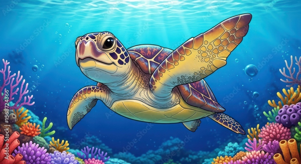 Obraz premium Cartoon sea turtle swimming underwater with coral reef backdrop.