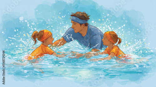 Dad teaching kids to swim