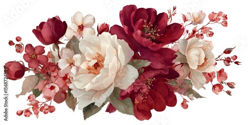 Fototapeta Naklejka Na Ścianę i Meble -  Watercolor floral bouquet, peonies and roses in burgundy, red, and purple colors, on a white background, 