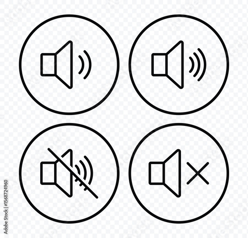 Speaker icon set. Volume icon set. Mute and unmute volume sound flat vector icons. Noise icon, Silent sign, Low volume, Maximum Volume symbol, No volume. Vector illustrator