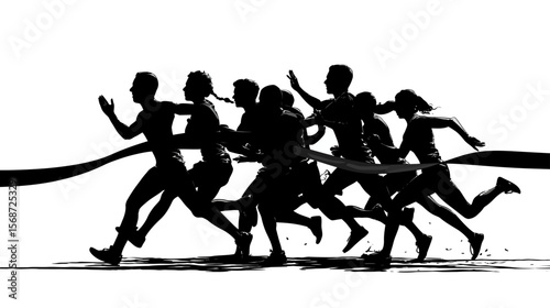 Silhouette of Runners Crossing Finish Line in Race Competition