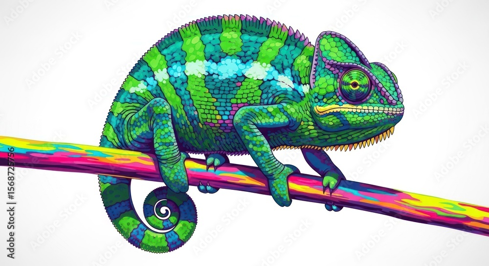 Obraz premium Colorful chameleon on a branch, vibrant detailed illustration