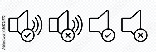 Speaker icon set. Volume icon set. Mute and unmute volume sound flat vector icons. Noise icon, Silent sign, Low volume, Maximum Volume symbol, No volume. Vector illustrator