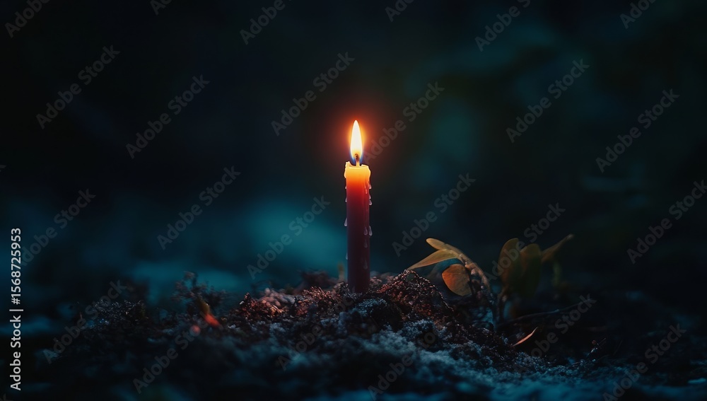 Fototapeta premium Single candle illuminates dark forest floor