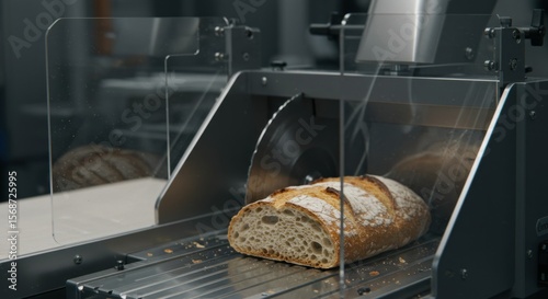 Industrial bread slicer in action.  Freshly baked loaf being sliced by a mechanized cutter.  Stainless steel machine with safety guards.  Crumbs fall onto a metal conveyor.  Modern food processing