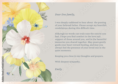 Floral condolence card template, featuring white and yellow hibiscus flowers along with smaller blue flowers and green leaves on a solid brown background