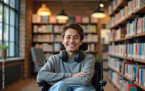 Content handsome young disabled student with headphones on neck siting in wheelchair and looking at camera in modern library or bookstore. High quality