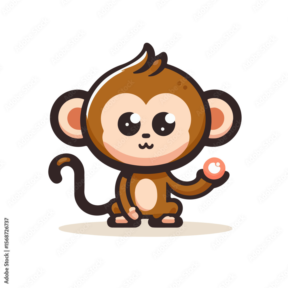 Obraz premium Cartoon Monkey Sitting – Cute Brown Primate with Big Eyes and Curled Tail in Childlike Vector Style