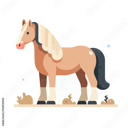 Cute Standing Horse Illustration – Light Brown Cartoon Foal with Black Tail and Mane in Pasture Scene